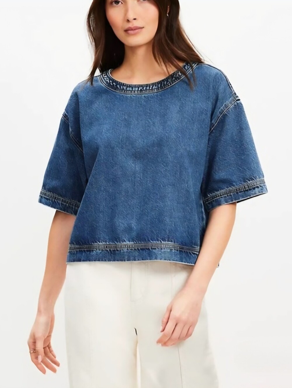 LOFT Denim Wide Hem Top Relaxed Boxy Beach Coastal Size XSP PETITE